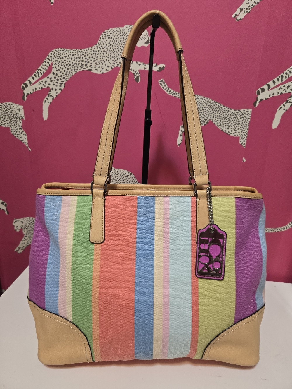 GUC Coach Hamptons Multicolor Stripe Canvas Tote Bag With Hangtags